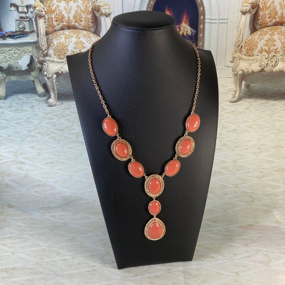 MONET Coral Resin Cabochon Statement Y-Drop Necklace Gold Tone Vintage 90s